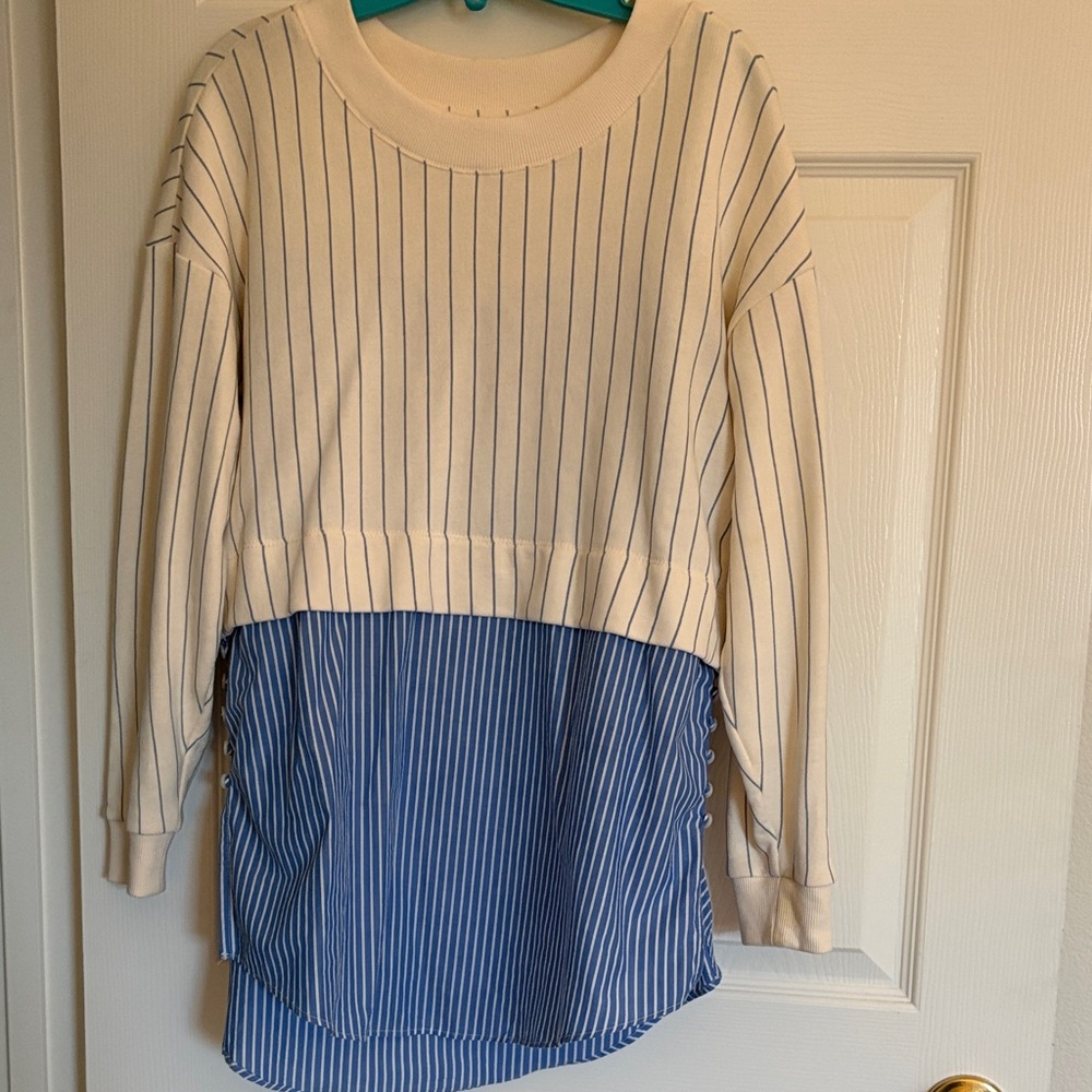 Anthropologie Cream & Blue Striped Mixed-Media Blouse